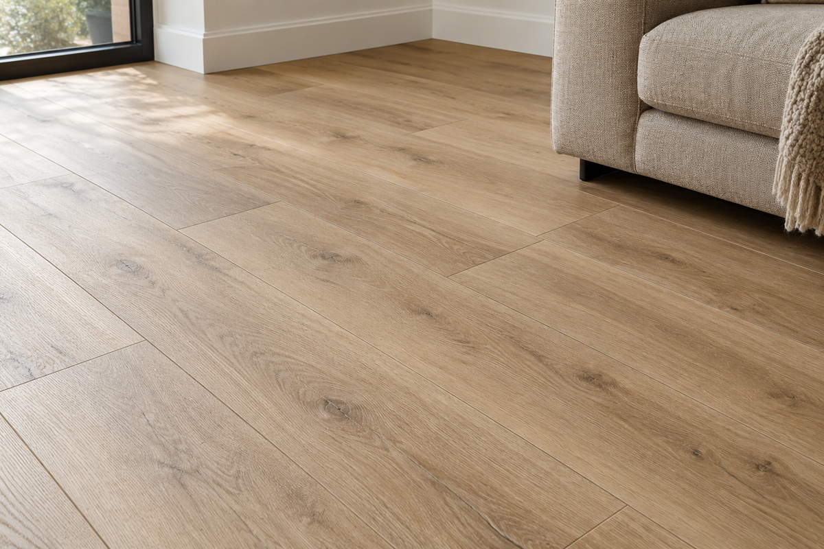 Laminaatvloer met houtlook in een woonkamer met een beige zetel.