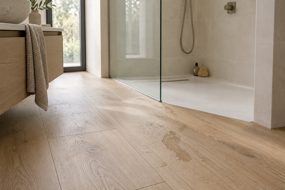 Waterbestendige vinylvloer met houtlook en natte voetafdrukken in een badkamer met inloopdouche.