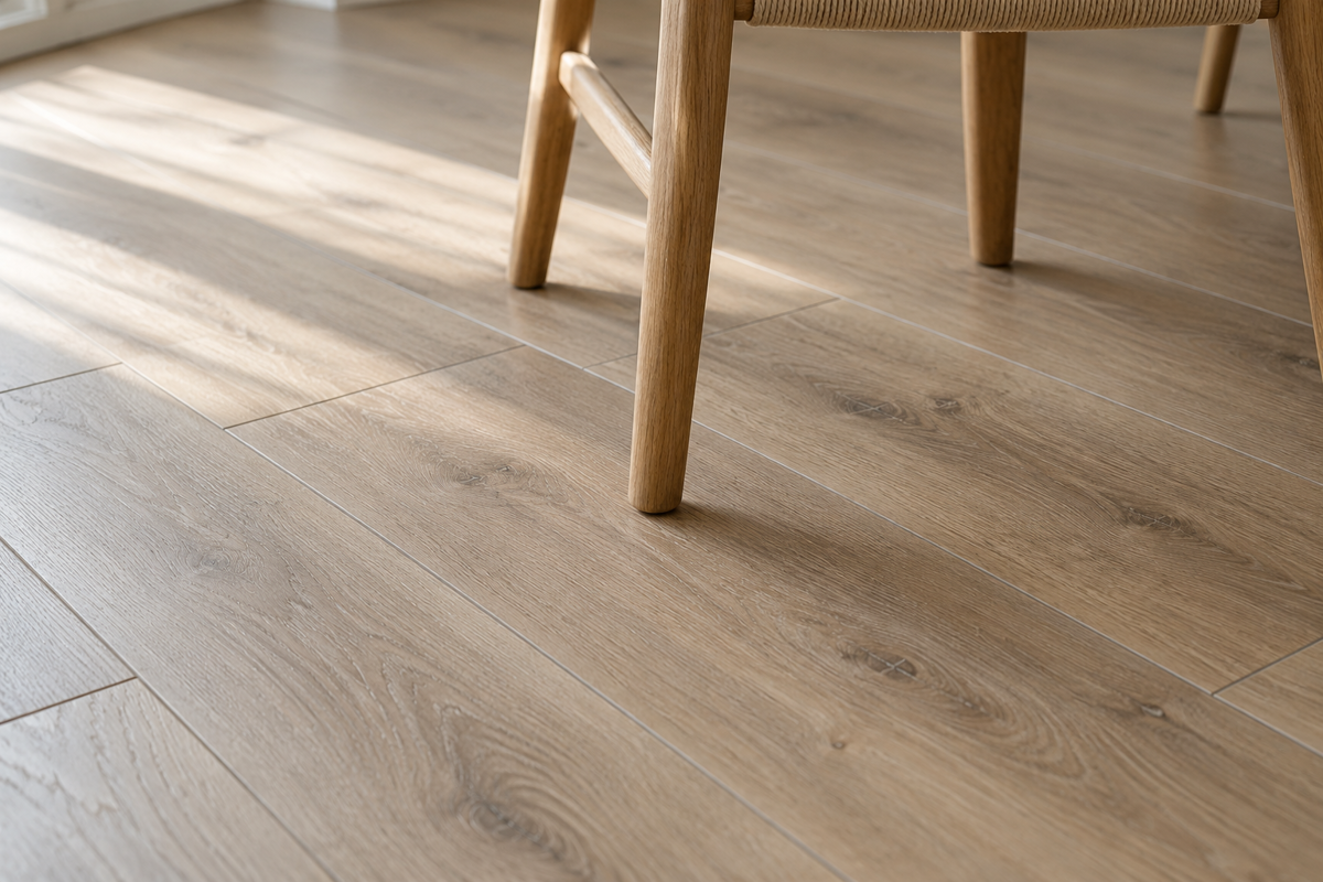 Houten stoelpoten op een krasbestendige laminaatvloer.