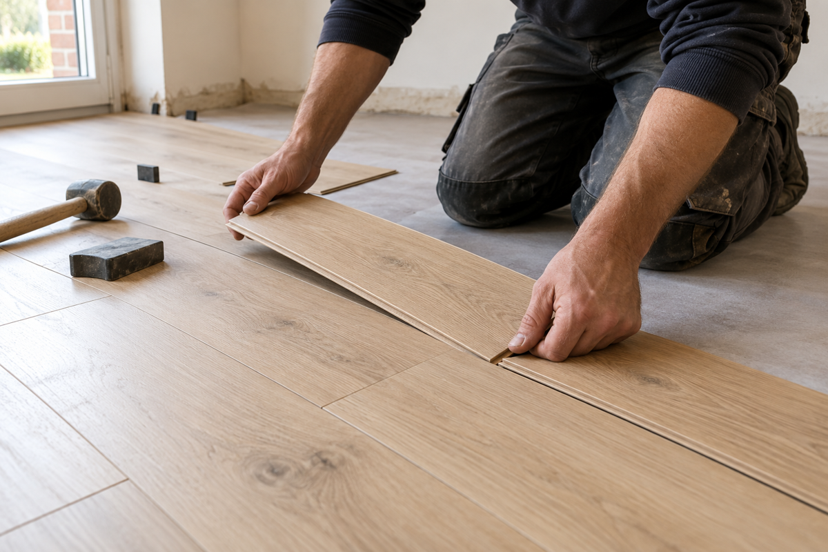 Vakman klikt laminaatplanken zwevend in elkaar op een vlakke ondergrond.