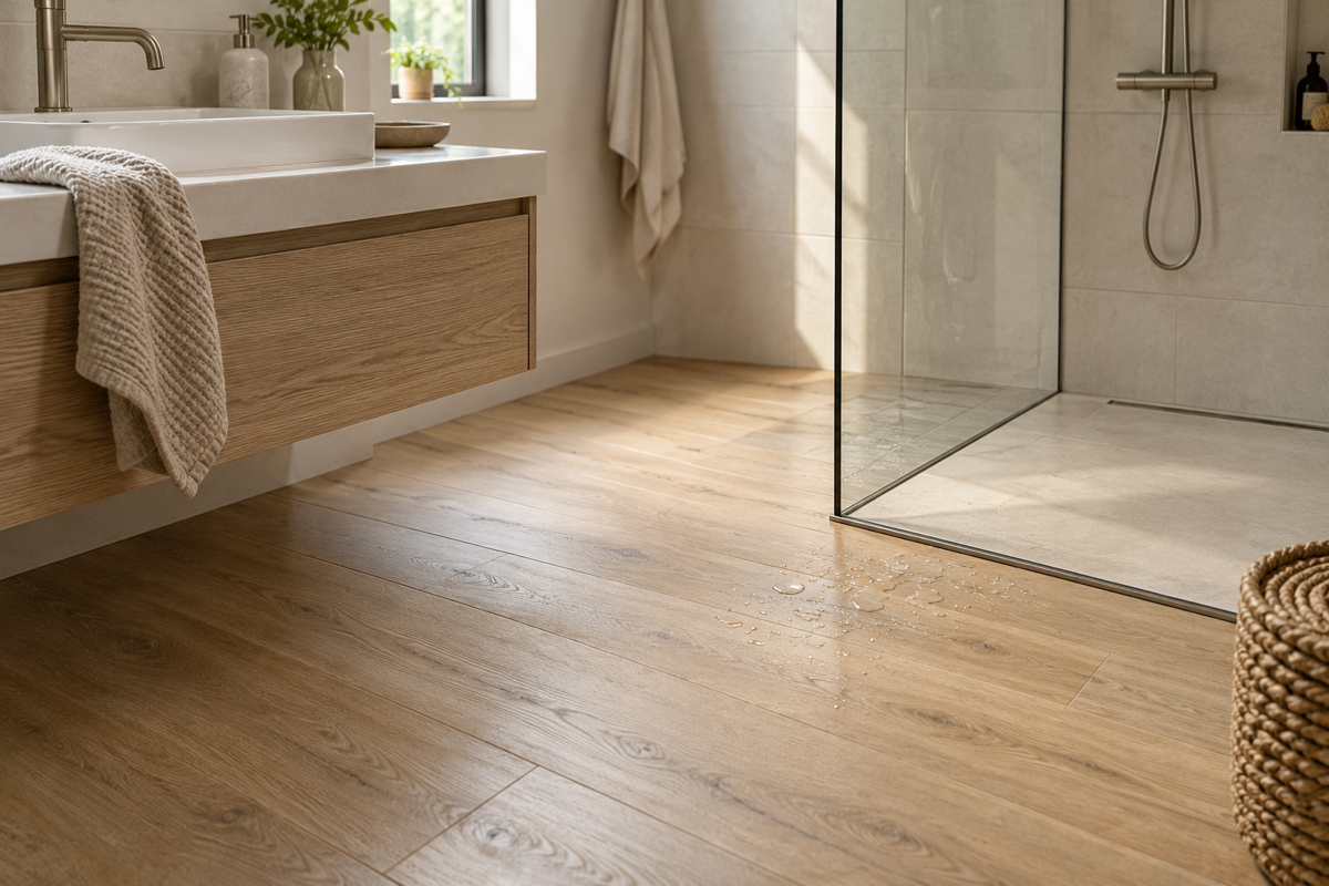 Waterbestendige vinylvloer met houtlook en waterdruppels naast een inloopdouche in de badkamer.
